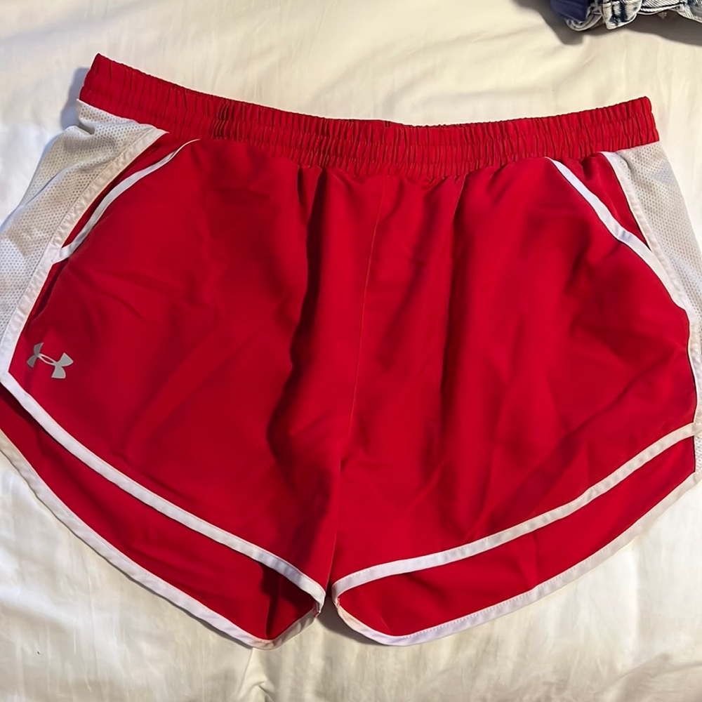 Red and white workout shorts